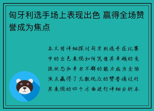 匈牙利选手场上表现出色 赢得全场赞誉成为焦点