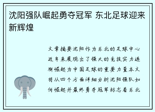 沈阳强队崛起勇夺冠军 东北足球迎来新辉煌