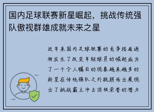 国内足球联赛新星崛起，挑战传统强队傲视群雄成就未来之星