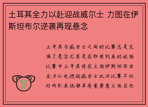 土耳其全力以赴迎战威尔士 力图在伊斯坦布尔逆袭再现悬念