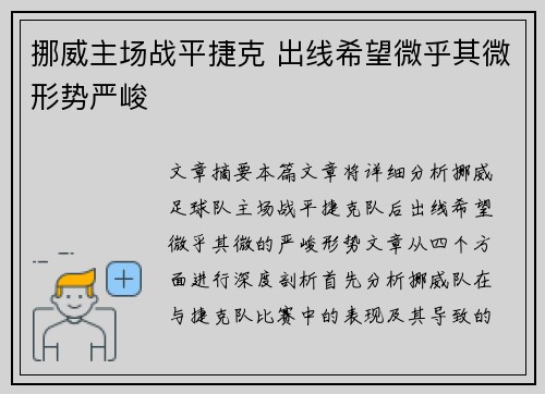 挪威主场战平捷克 出线希望微乎其微形势严峻
