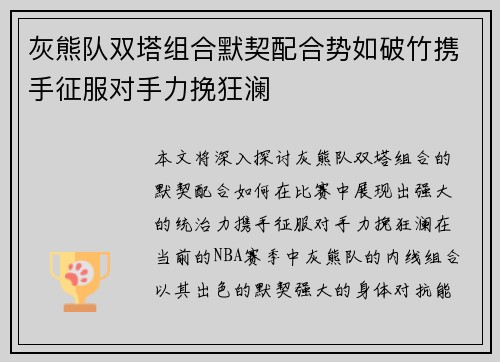 灰熊队双塔组合默契配合势如破竹携手征服对手力挽狂澜
