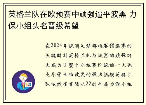 英格兰队在欧预赛中顽强逼平波黑 力保小组头名晋级希望