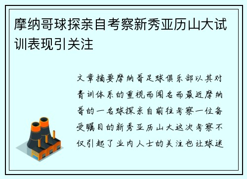 摩纳哥球探亲自考察新秀亚历山大试训表现引关注
