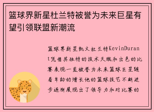 篮球界新星杜兰特被誉为未来巨星有望引领联盟新潮流